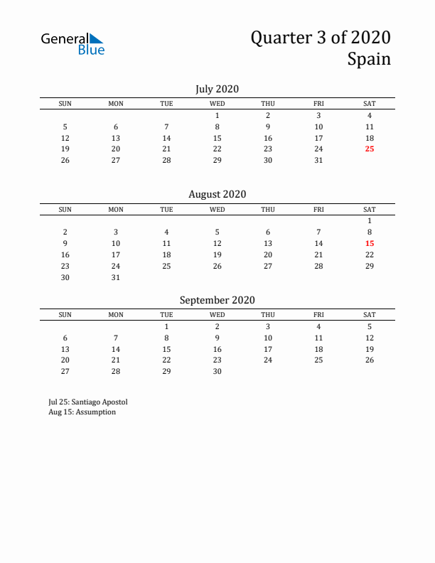 Quarter 3 2020 Spain Quarterly Calendar