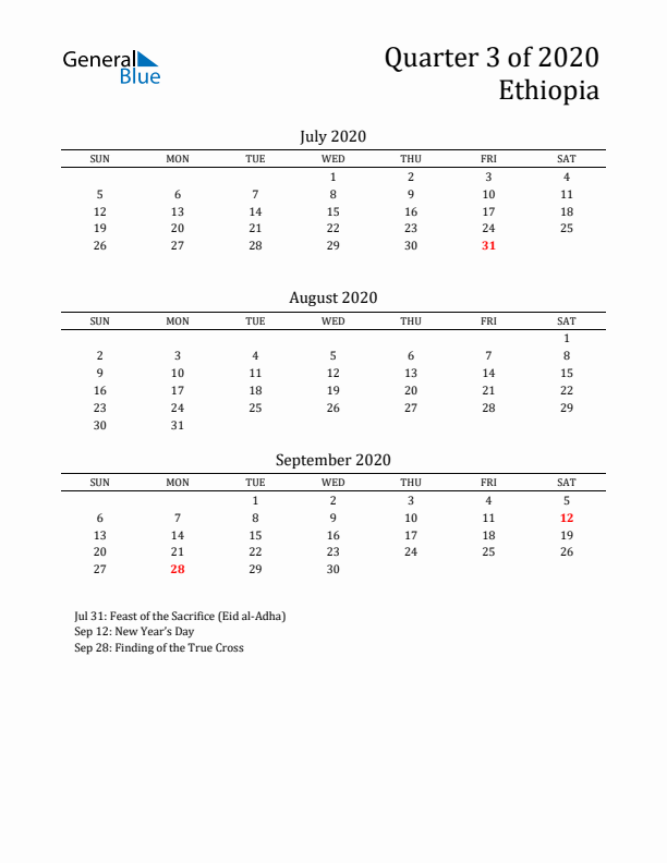 Quarter 3 2020 Ethiopia Quarterly Calendar