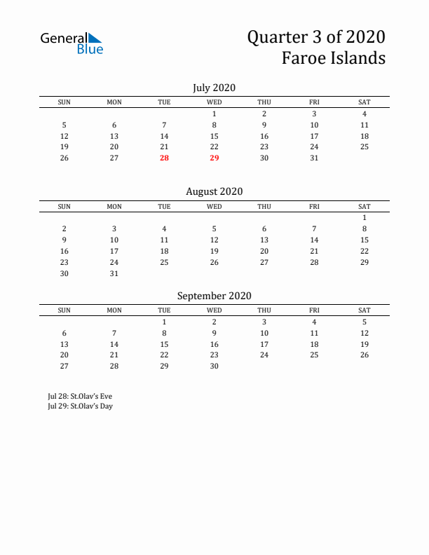 Quarter 3 2020 Faroe Islands Quarterly Calendar