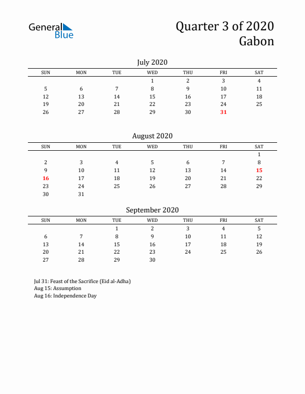 Quarter 3 2020 Gabon Quarterly Calendar