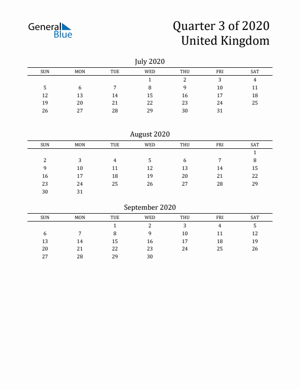 Quarter 3 2020 United Kingdom Quarterly Calendar