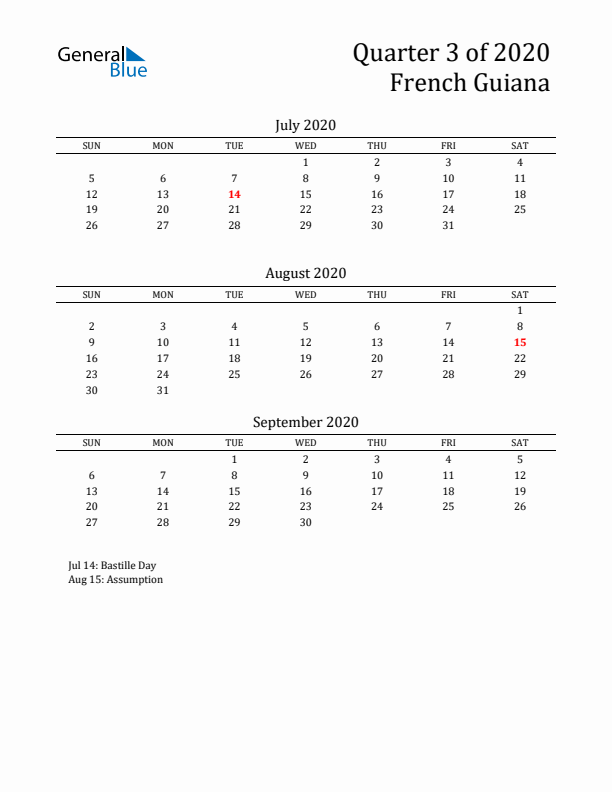 Quarter 3 2020 French Guiana Quarterly Calendar