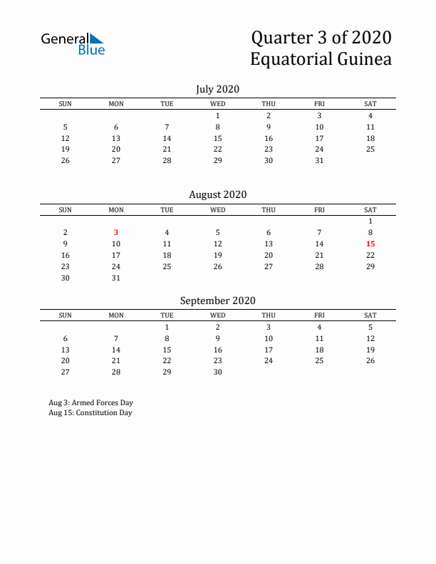 Quarter 3 2020 Equatorial Guinea Quarterly Calendar