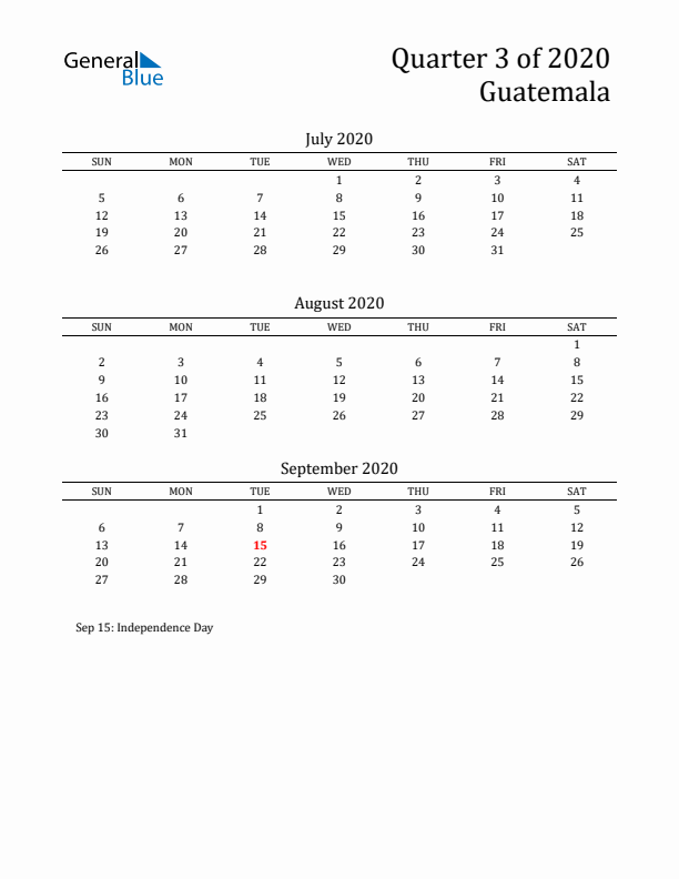 Quarter 3 2020 Guatemala Quarterly Calendar