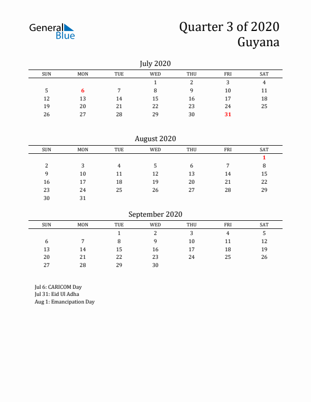 Quarter 3 2020 Guyana Quarterly Calendar