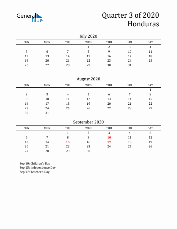 Quarter 3 2020 Honduras Quarterly Calendar