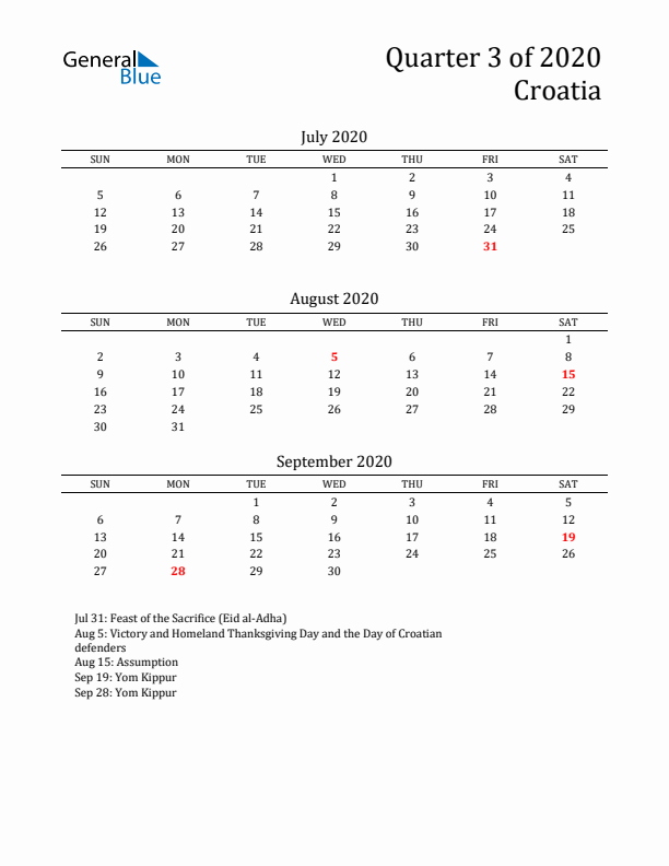 Quarter 3 2020 Croatia Quarterly Calendar