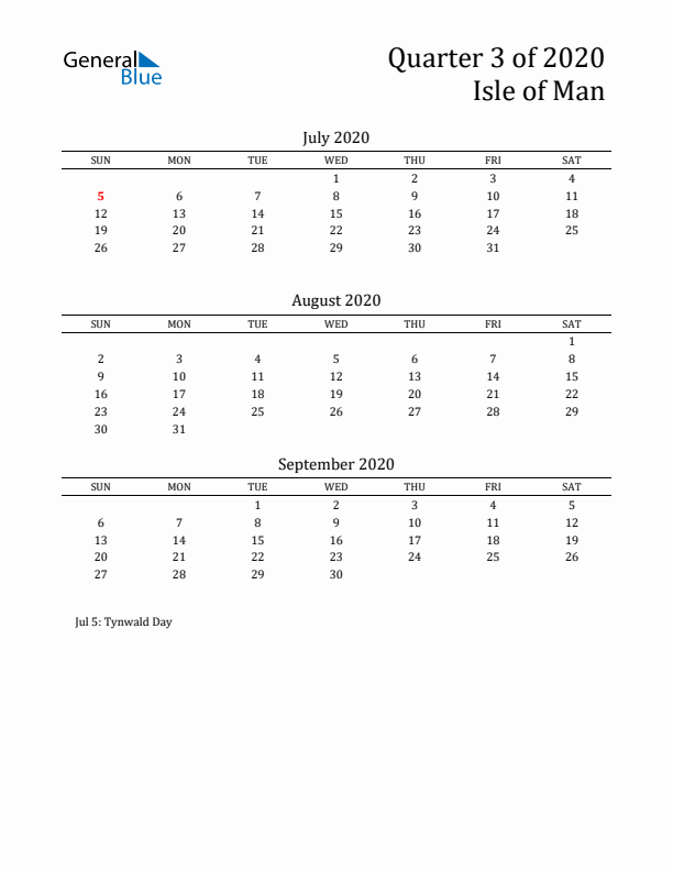 Quarter 3 2020 Isle of Man Quarterly Calendar