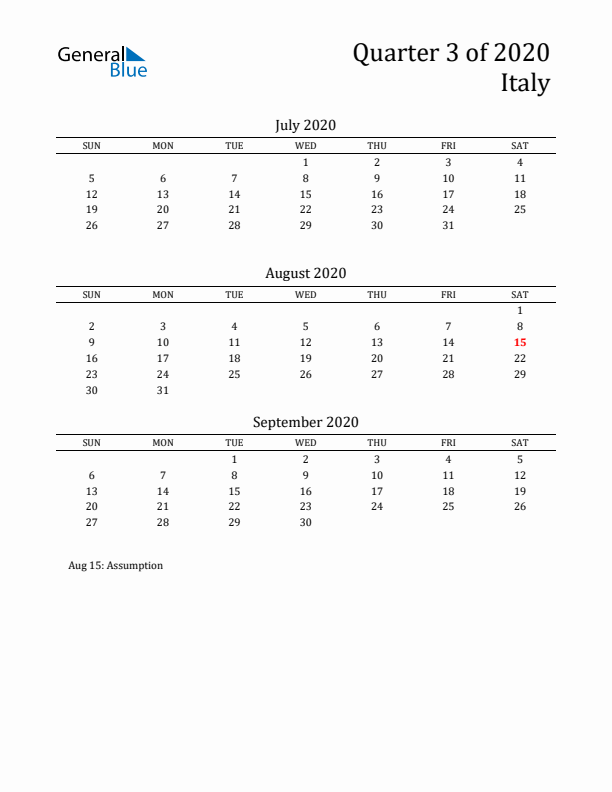 Quarter 3 2020 Italy Quarterly Calendar