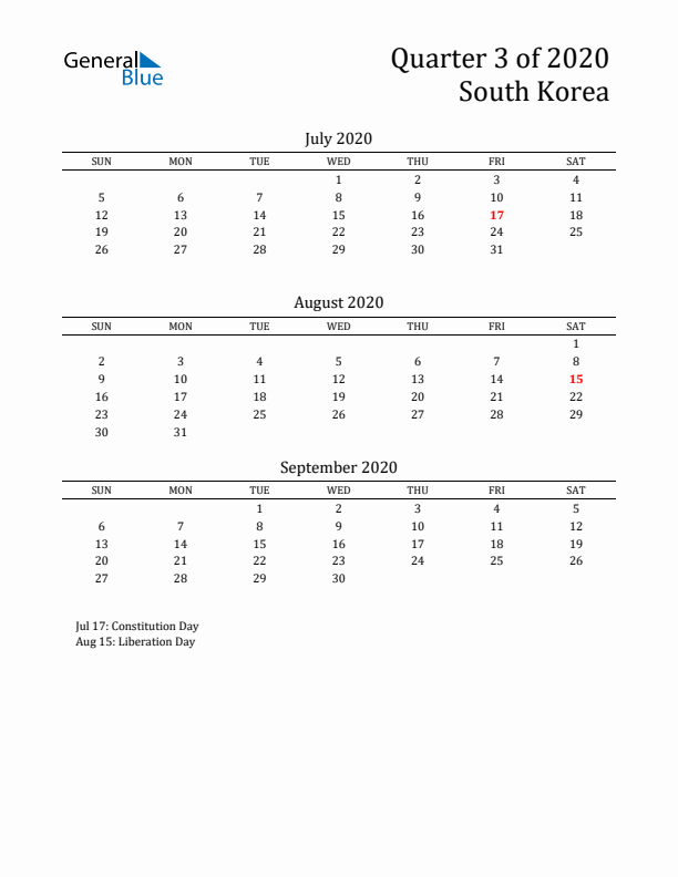 Quarter 3 2020 South Korea Quarterly Calendar