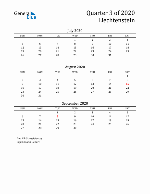 Quarter 3 2020 Liechtenstein Quarterly Calendar