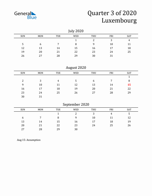 Quarter 3 2020 Luxembourg Quarterly Calendar