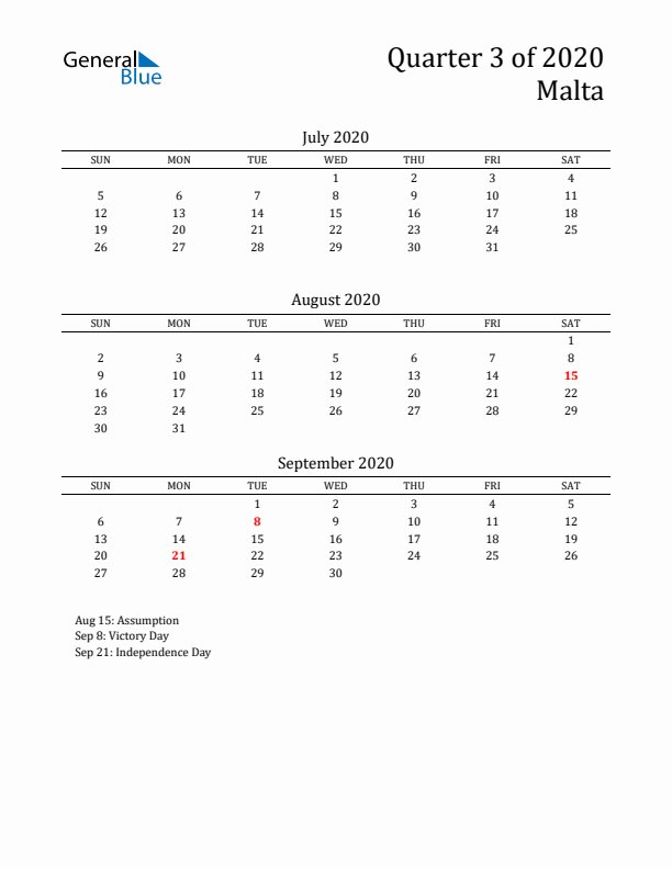 Quarter 3 2020 Malta Quarterly Calendar