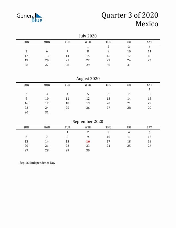 Quarter 3 2020 Mexico Quarterly Calendar