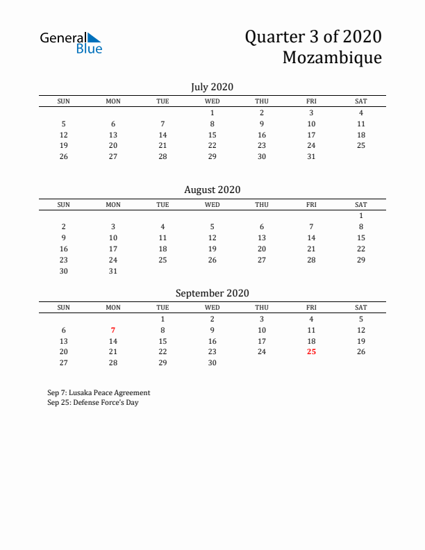 Quarter 3 2020 Mozambique Quarterly Calendar