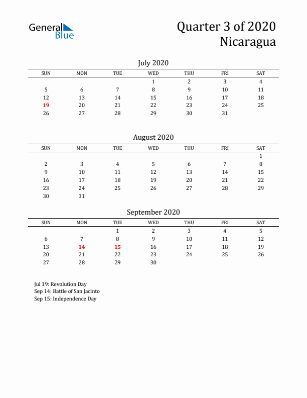 Quarter 3 2020 Nicaragua Quarterly Calendar