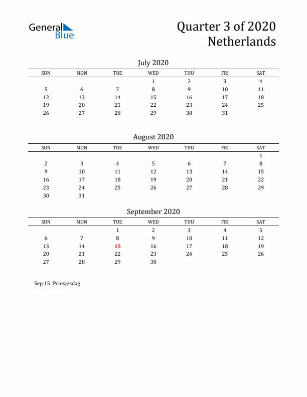 Quarter 3 2020 The Netherlands Quarterly Calendar