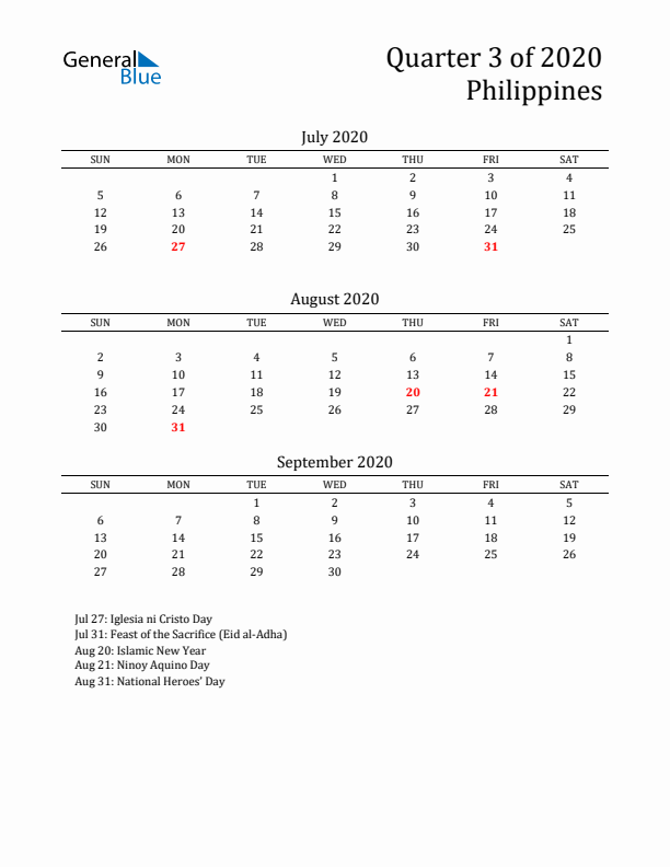 Quarter 3 2020 Philippines Quarterly Calendar