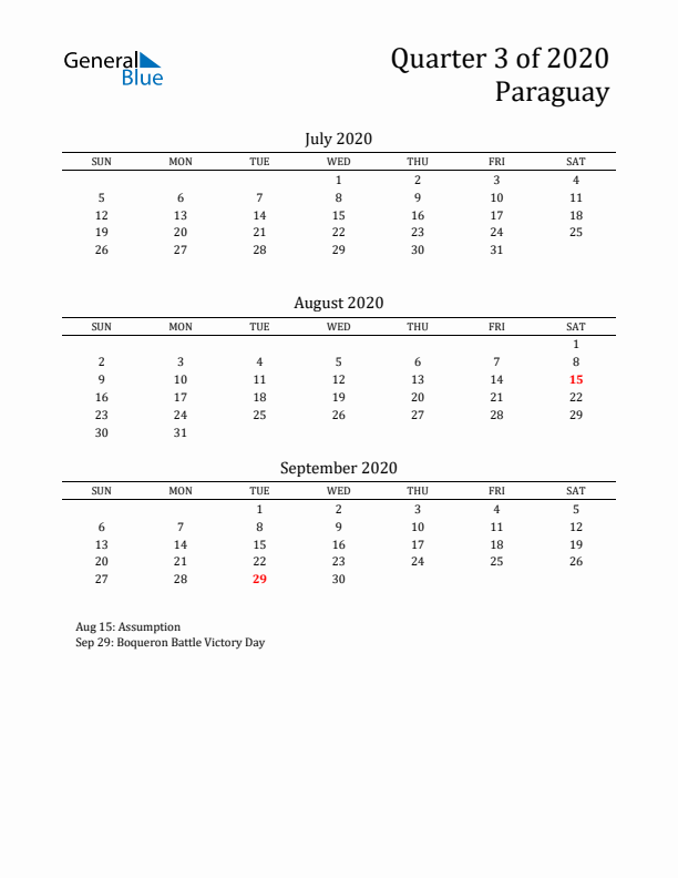 Quarter 3 2020 Paraguay Quarterly Calendar