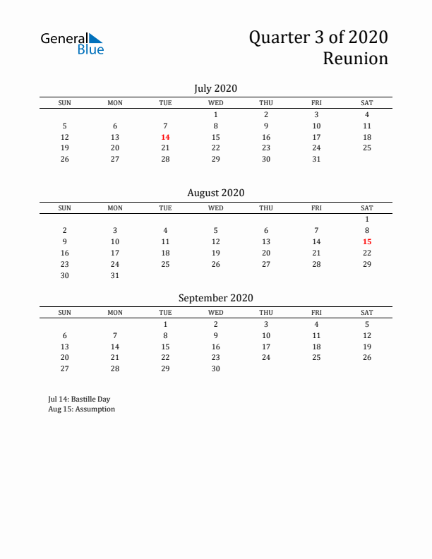 Quarter 3 2020 Reunion Quarterly Calendar