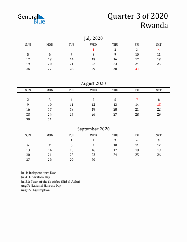 Quarter 3 2020 Rwanda Quarterly Calendar