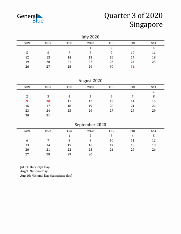 Quarter 3 2020 Singapore Quarterly Calendar