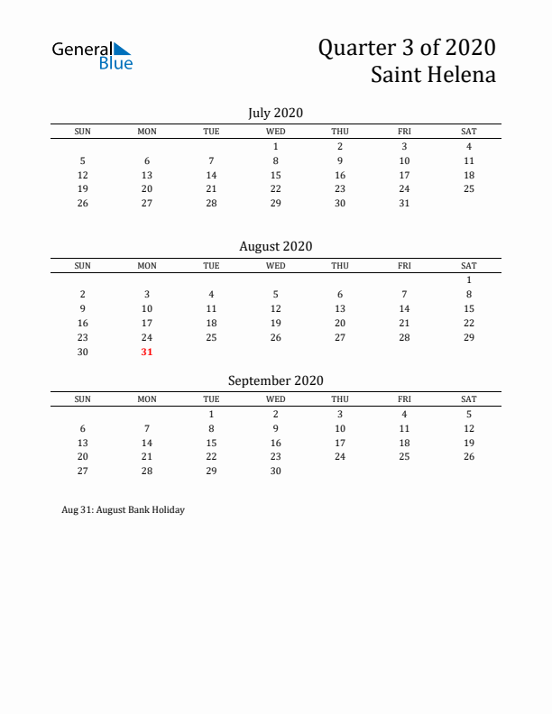 Quarter 3 2020 Saint Helena Quarterly Calendar