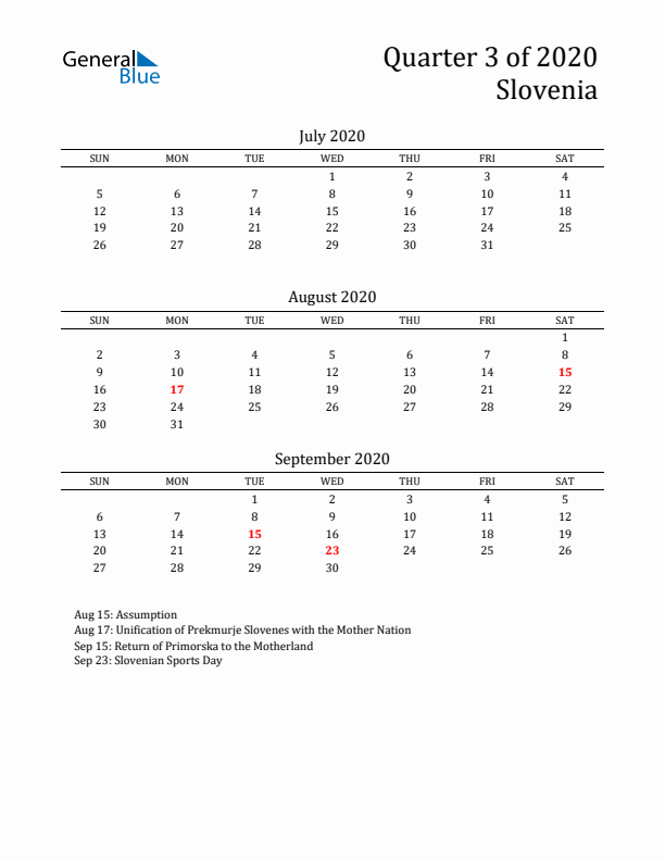 Quarter 3 2020 Slovenia Quarterly Calendar