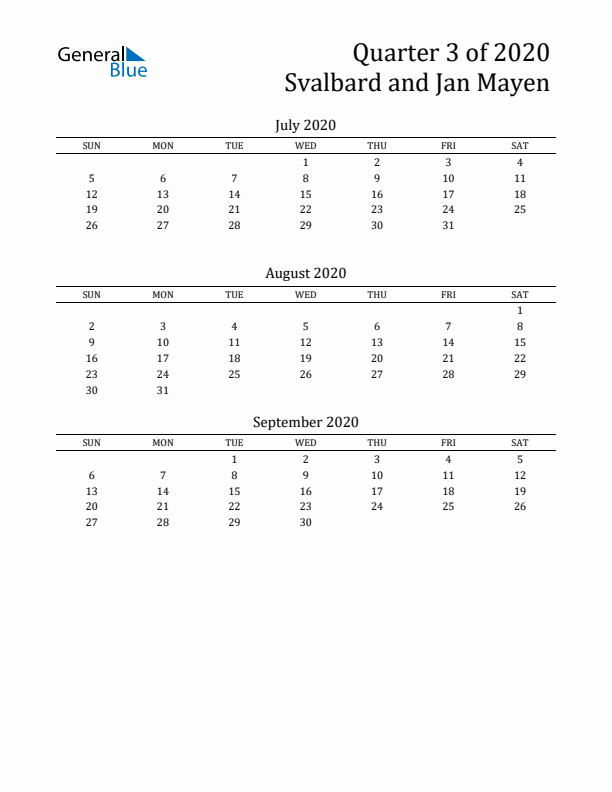 Quarter 3 2020 Svalbard and Jan Mayen Quarterly Calendar