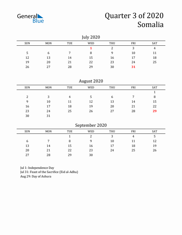 Quarter 3 2020 Somalia Quarterly Calendar