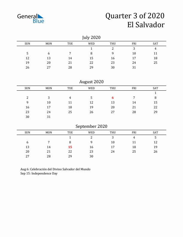 Quarter 3 2020 El Salvador Quarterly Calendar