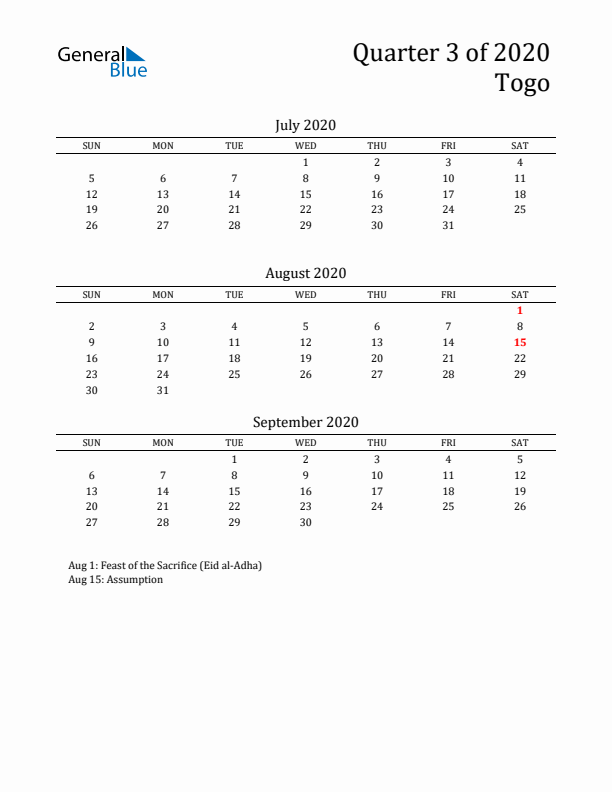 Quarter 3 2020 Togo Quarterly Calendar