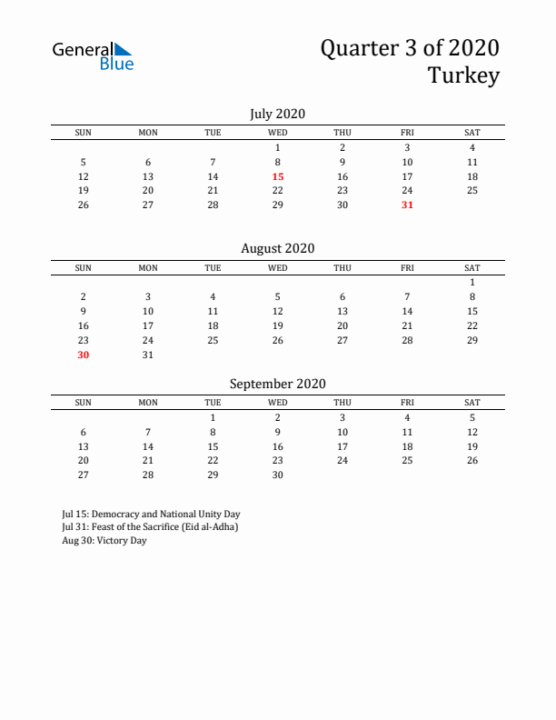 Quarter 3 2020 Turkey Quarterly Calendar