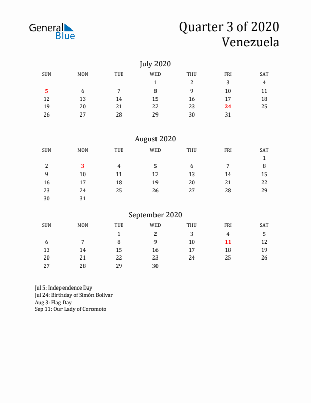 Quarter 3 2020 Venezuela Quarterly Calendar