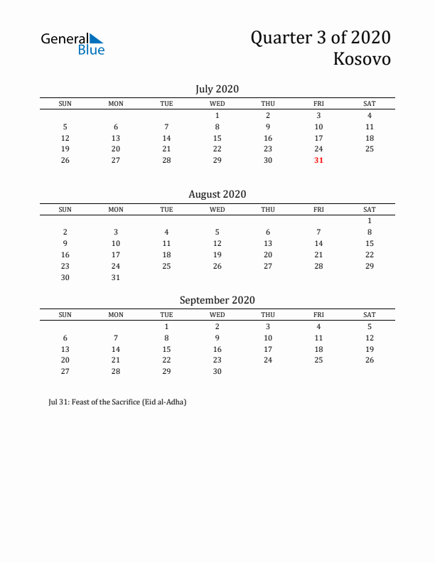 Quarter 3 2020 Kosovo Quarterly Calendar