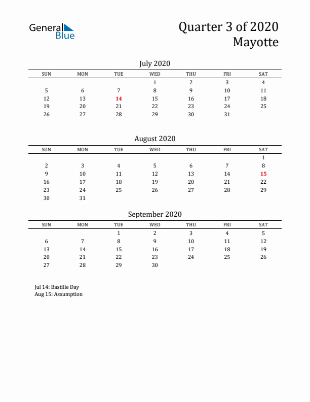 Quarter 3 2020 Mayotte Quarterly Calendar