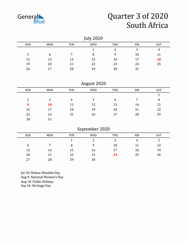 Quarter 3 2020 South Africa Quarterly Calendar