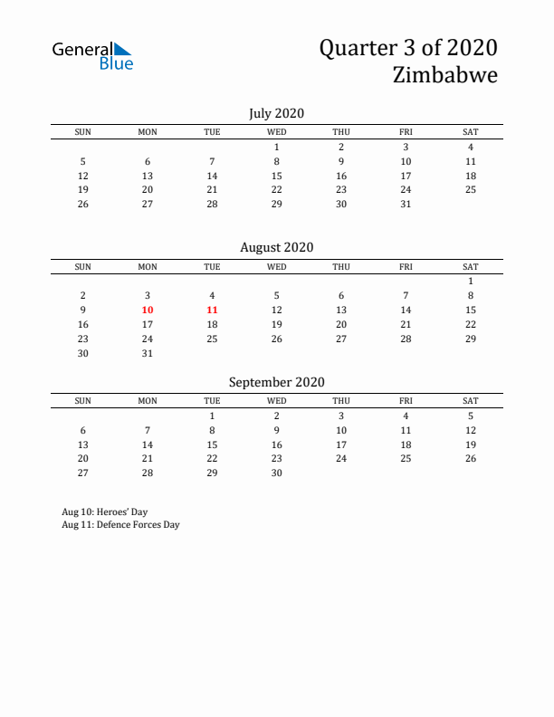 Quarter 3 2020 Zimbabwe Quarterly Calendar