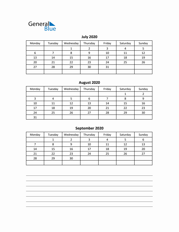 Free Printable Quarterly Calendar 2020