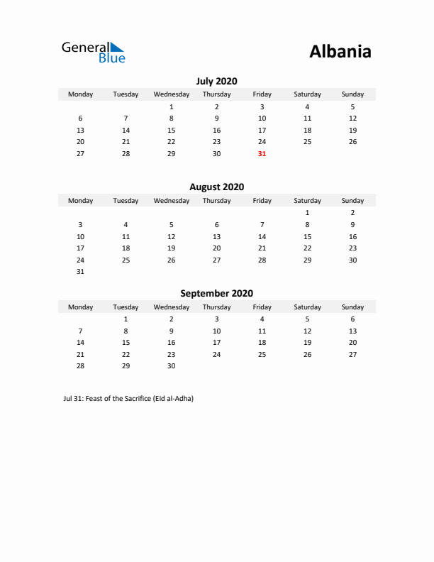 Printable Quarterly Calendar with Notes and Albania Holidays- Q3 of 2020