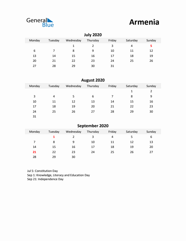 Printable Quarterly Calendar with Notes and Armenia Holidays- Q3 of 2020