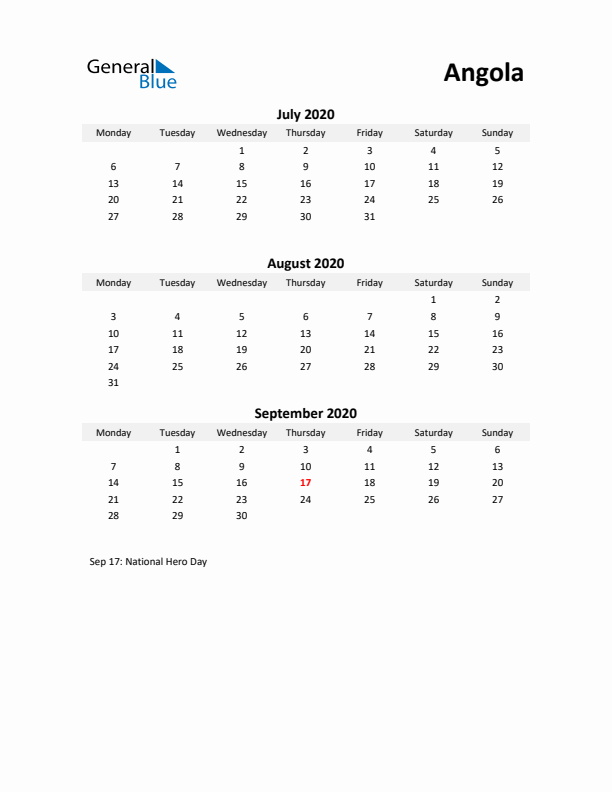 Printable Quarterly Calendar with Notes and Angola Holidays- Q3 of 2020