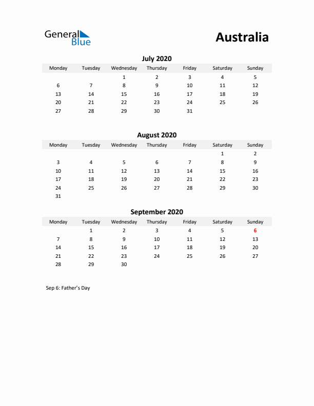 Printable Quarterly Calendar with Notes and Australia Holidays- Q3 of 2020