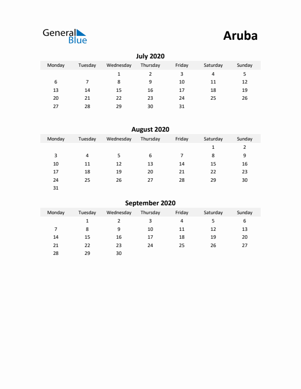 Printable Quarterly Calendar with Notes and Aruba Holidays- Q3 of 2020