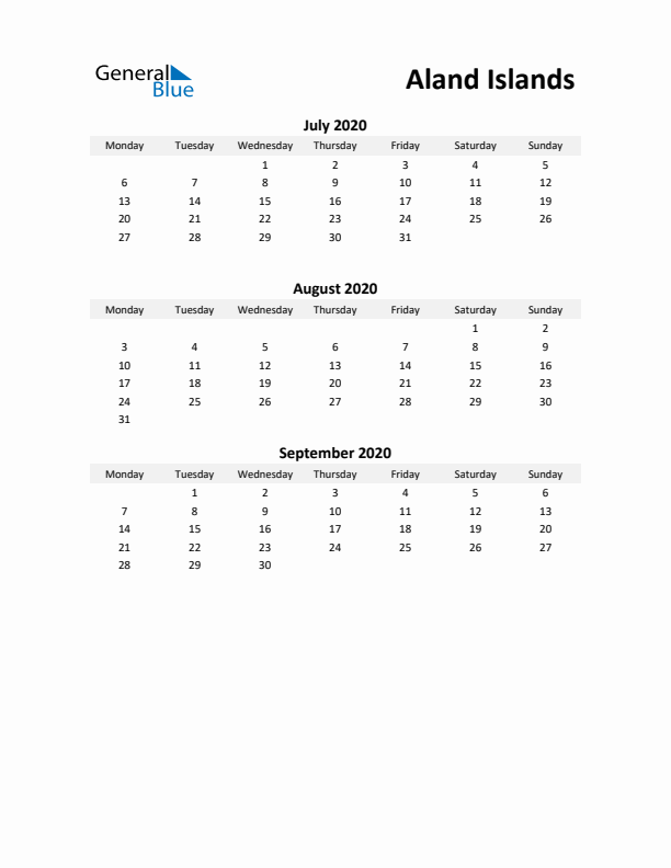 Printable Quarterly Calendar with Notes and Aland Islands Holidays- Q3 of 2020