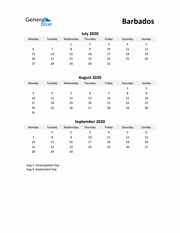 Printable Quarterly Calendar with Notes and Barbados Holidays- Q3 of 2020