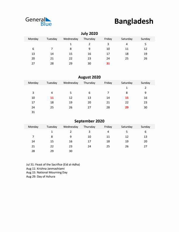 Printable Quarterly Calendar with Notes and Bangladesh Holidays- Q3 of 2020