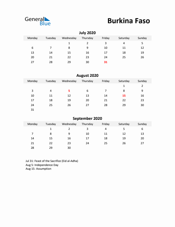 Printable Quarterly Calendar with Notes and Burkina Faso Holidays- Q3 of 2020