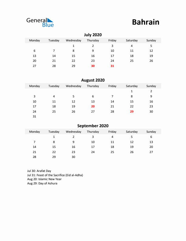 Printable Quarterly Calendar with Notes and Bahrain Holidays- Q3 of 2020