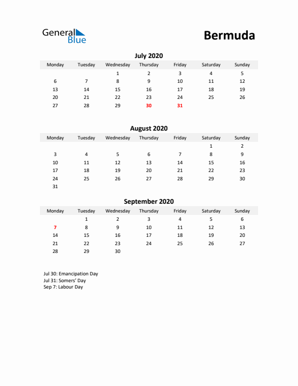 Printable Quarterly Calendar with Notes and Bermuda Holidays- Q3 of 2020